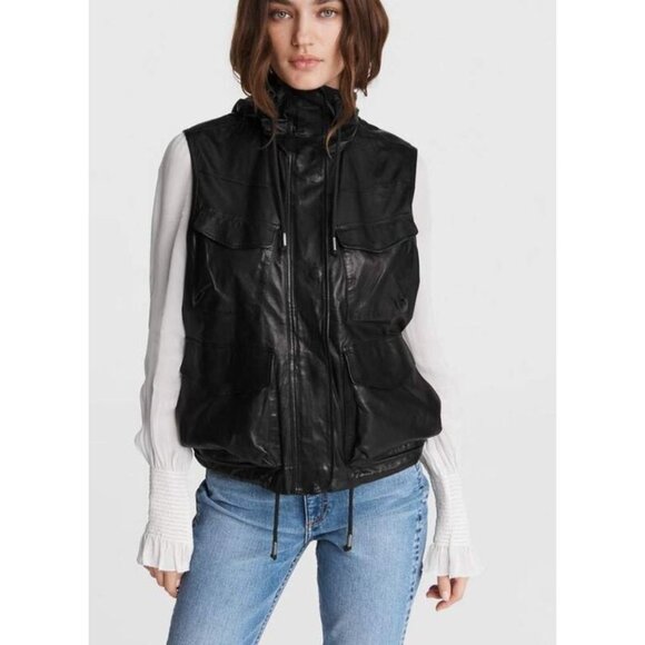 Rag & Bone Hooded Lamb Leather Cargo Trail Vest Black Size Small - Picture 1 of 5